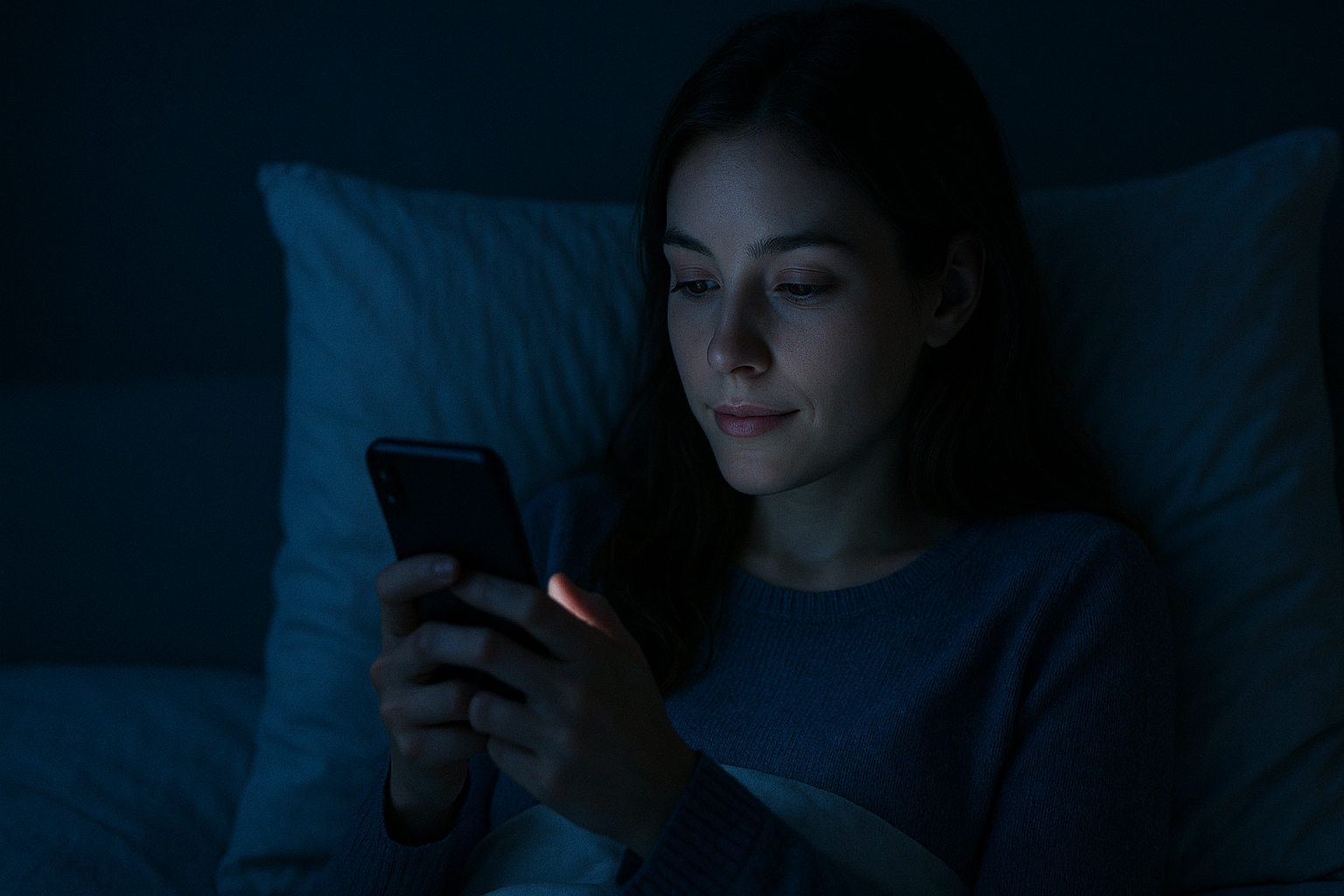 Mulher na cama com o celular conversando com a Sofia